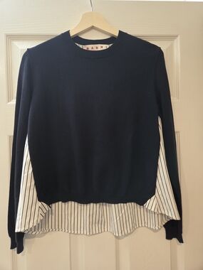 Marni Mixed Media Cotton Sweater Striped Poplin Back IT 40 Made in Italy